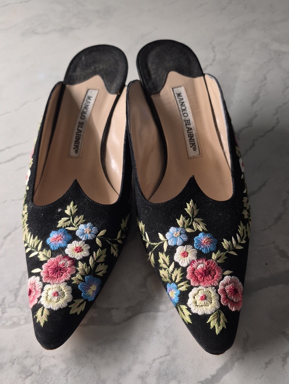 Manolo Blahnik Black Embroidered Floral Pointed Mules